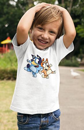 Bluey ve Bingo Baskılı Çocuk Tişört, Unisex Çizgi Film Baskılı Bebek T-Shirt