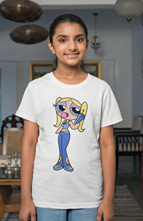 Powerpuff Girls Bubbles Baskılı Kız Çocuk Tişört, Çizgi Film Baskılı Kız Bebek T-Shirt