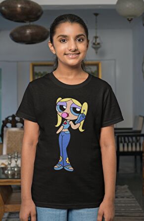 Powerpuff Girls Bubbles Baskılı Kız Çocuk Tişört, Çizgi Film Baskılı Kız Bebek T-Shirt