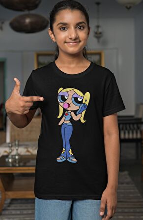 Powerpuff Girls Bubbles Baskılı Kız Çocuk Tişört, Çizgi Film Baskılı Kız Bebek T-Shirt