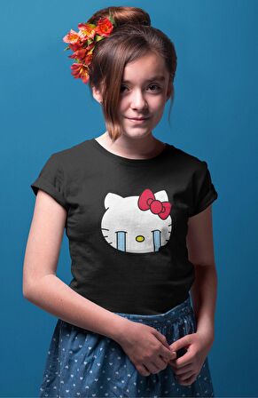 Ağlayan Hello Kitty Baskılı Kız Çocuk Tişört, Sevimli Hello Kitty Baskılı Kız Bebek T-Shirt