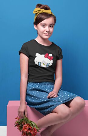 Ağlayan Hello Kitty Baskılı Kız Çocuk Tişört, Sevimli Hello Kitty Baskılı Kız Bebek T-Shirt