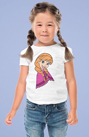 Frozen Anna Baskılı Kız Çocuk Tişört, Karlar Ülkesi Baskılı Kız Bebek T-Shirt