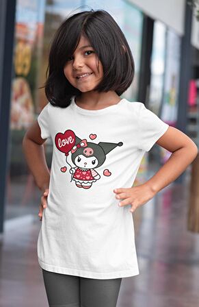 Love Kuromi Baskılı Kız Çocuk Tişört, Hello Kitty Kuromi Baskılı Kız Bebek T-Shirt