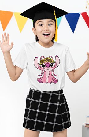 Angel Baskılı Kız Çocuk Tişört, Stitch Angel Baskılı Kız Bebek T-Shirt