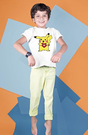 Pikachu Baskılı Çocuk Tişört, Unisex Pokemon Baskılı Bebek T-Shirt