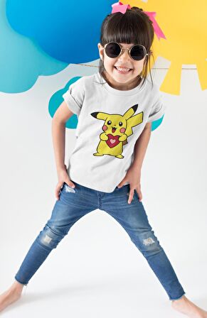 Pikachu Baskılı Çocuk Tişört, Unisex Pokemon Baskılı Bebek T-Shirt