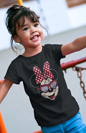 Gözlüklü Minnie Mouse Baskılı Çocuk Tişört, Unisex Disney Baskılı Bebek T-Shirt