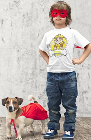 Paw Patrol Rubble Baskılı Çocuk Tişört, Unisex Çizgi Film Baskılı Bebek T-Shirt