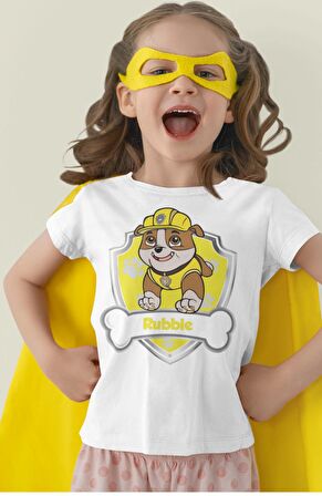 Paw Patrol Rubble Baskılı Çocuk Tişört, Unisex Çizgi Film Baskılı Bebek T-Shirt