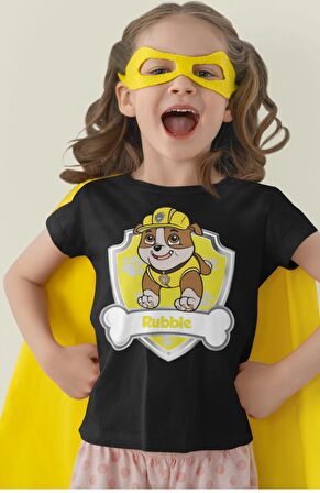 Paw Patrol Rubble Baskılı Çocuk Tişört, Unisex Çizgi Film Baskılı Bebek T-Shirt