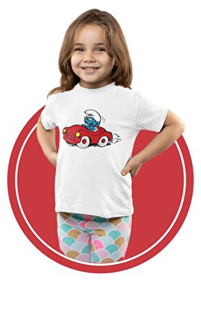 Arabalı Şirin Baskılı Çocuk Tişört, Unisex Şirinler Baskılı Bebek T-Shirt