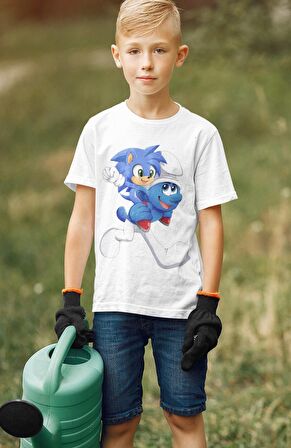 Şirin ve Baby Sonic Baskılı Çocuk Tişört, Unisex Çizgi Film Baskılı Bebek T-Shirt