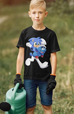 Şirin ve Baby Sonic Baskılı Çocuk Tişört, Unisex Çizgi Film Baskılı Bebek T-Shirt