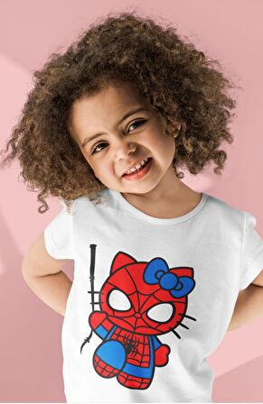 Spider Hello Kitty Baskılı Çocuk Tişört, Unisex Hello Kitty Baskılı Bebek T-Shirt