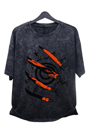 Unisex Naruto Kurama Eskitme Tişört, Oversize Anime Baskılı Yıkamalı T-Shirt