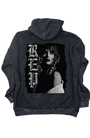 Unisex Reputation Sırt Baskılı Kapüşonlu Yıkamalı Sweatshirt, Oversize Taylor Swift Retro Hoodie