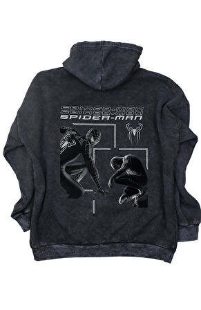 Unisex Silver Spiderman Sırt Baskılı Kapüşonlu Yıkamalı Sweatshirt, Oversize Örümcek Adam Hoodie