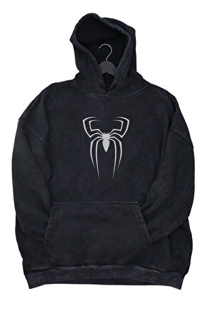 Unisex Silver Spiderman Sırt Baskılı Kapüşonlu Yıkamalı Sweatshirt, Oversize Örümcek Adam Hoodie