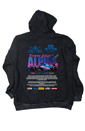 Unisex Bwt Alpine F1 Team Sırt Baskılı Kapüşonlu Yıkamalı Sweatshirt, Oversize F1 Eskitme Hoodie