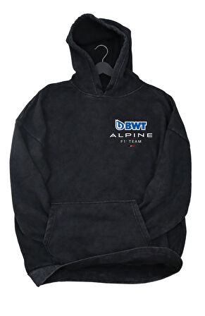 Unisex Bwt Alpine F1 Team Sırt Baskılı Kapüşonlu Yıkamalı Sweatshirt, Oversize F1 Eskitme Hoodie