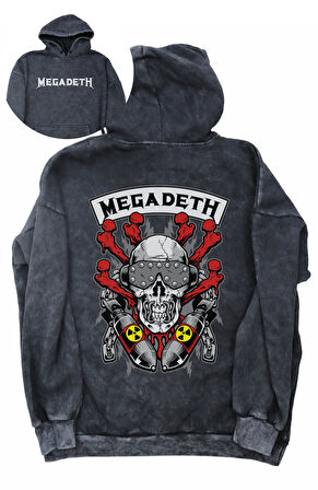 Unisex Megadeth Rock Sırt Baskılı Kapüşonlu Yıkamalı Sweatshirt, Oversize Rock Band Vintage Hoodie