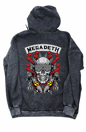 Unisex Megadeth Rock Sırt Baskılı Kapüşonlu Yıkamalı Sweatshirt, Oversize Rock Band Vintage Hoodie