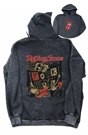 Unisex Rolling Stone Sırt Baskılı Kapüşonlu Yıkamalı Sweatshirt, Oversize Rock Band Baskılı Hoodie