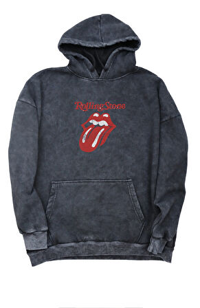 Unisex Rolling Stone Sırt Baskılı Kapüşonlu Yıkamalı Sweatshirt, Oversize Rock Band Baskılı Hoodie