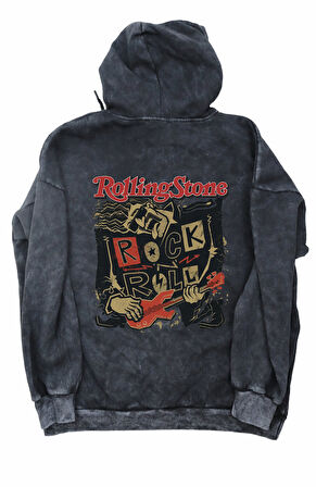 Unisex Rolling Stone Sırt Baskılı Kapüşonlu Yıkamalı Sweatshirt, Oversize Rock Band Baskılı Hoodie