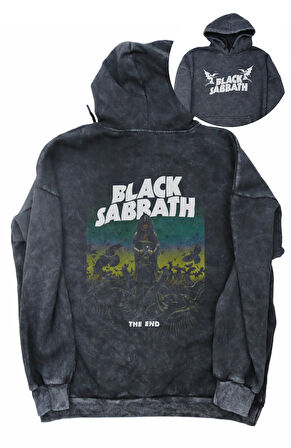 Unisex Black Sabbath Sırt Baskılı Kapüşonlu Yıkamalı Sweatshirt,Oversize Rock Band Baskılı Hoodie