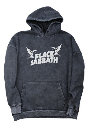 Unisex Black Sabbath Sırt Baskılı Kapüşonlu Yıkamalı Sweatshirt,Oversize Rock Band Baskılı Hoodie