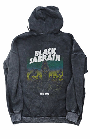 Unisex Black Sabbath Sırt Baskılı Kapüşonlu Yıkamalı Sweatshirt,Oversize Rock Band Baskılı Hoodie