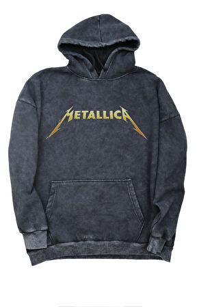 Unisex Kılıç Metallica Sırt Baskılı Kapüşonlu Yıkamalı Sweatshirt,Oversize Rock Band Baskılı Hoodie