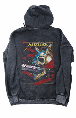 Unisex Kılıç Metallica Sırt Baskılı Kapüşonlu Yıkamalı Sweatshirt,Oversize Rock Band Baskılı Hoodie