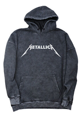 Unisex Rock Band Sırt Baskılı Kapüşonlu Yıkamalı Sweatshirt, Oversize Metallica Baskılı Hoodie