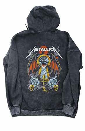 Unisex Rock Band Sırt Baskılı Kapüşonlu Yıkamalı Sweatshirt, Oversize Metallica Baskılı Hoodie