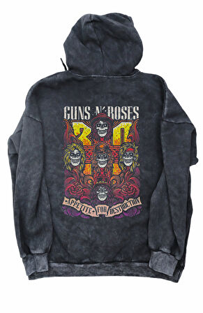 Unisex Guns N'Roses Sırt Baskılı Kapüşonlu Yıkamalı Sweatshirt, Oversize Rock Band Baskılı Hoodie