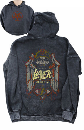 Unisex Slayer Rock Band Sırt Baskılı Kapüşonlu Yıkamalı Sweatshirt, Oversize Baskılı Retro Hoodie