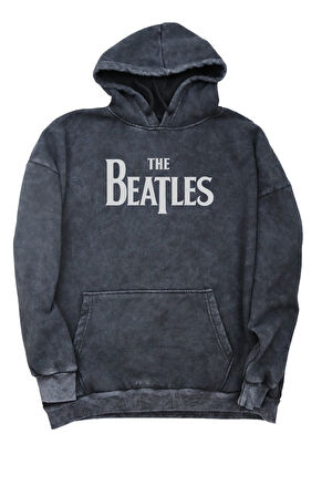 Unisex The Beatles Sırt Baskılı Kapüşonlu Yıkamalı Sweatshirt, Oversize Rock Band Baskılı Hoodie