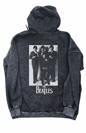 Unisex The Beatles Sırt Baskılı Kapüşonlu Yıkamalı Sweatshirt, Oversize Rock Band Baskılı Hoodie