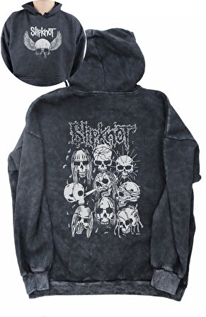Unisex Slipknot Sırt Baskılı Kapüşonlu Yıkamalı Sweatshirt, Oversize Rock Band Baskı Vintage Hoodie