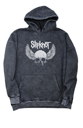 Unisex Slipknot Sırt Baskılı Kapüşonlu Yıkamalı Sweatshirt, Oversize Rock Band Baskı Vintage Hoodie