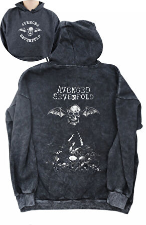 Unisex Skull Avenged Sevenfold Sırt Baskılı Kapüşonlu Yıkamalı Sweatshirt,Oversize Rock Band Hoodie