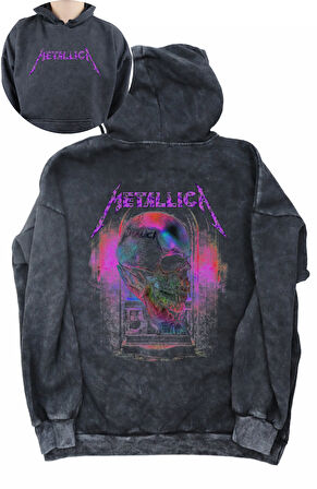 Unisex Vintage Metallica Sırt Baskılı Kapüşonlu Yıkamalı Sweatshirt,Oversize Rock Band Baskı Hoodie