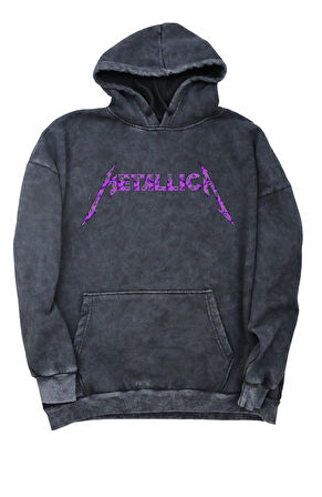 Unisex Vintage Metallica Sırt Baskılı Kapüşonlu Yıkamalı Sweatshirt,Oversize Rock Band Baskı Hoodie