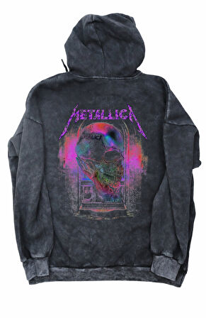 Unisex Vintage Metallica Sırt Baskılı Kapüşonlu Yıkamalı Sweatshirt,Oversize Rock Band Baskı Hoodie