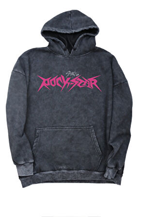 Unisex Rockstar Albüm Sırt Baskılı Kapüşonlu Yıkamalı Sweatshirt, Oversize Stray Kids Baskı Hoodie