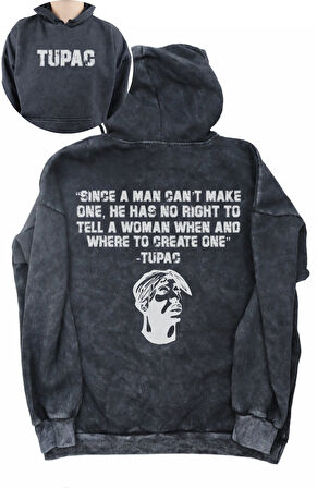 Unisex Tupac Sırt Baskılı Kapüşonlu Yıkamalı Sweatshirt, Oversize 2Pac Baskıllı Vintage Hoodie