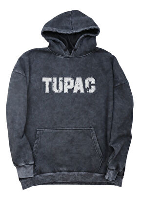 Unisex Tupac Sırt Baskılı Kapüşonlu Yıkamalı Sweatshirt, Oversize 2Pac Baskıllı Vintage Hoodie